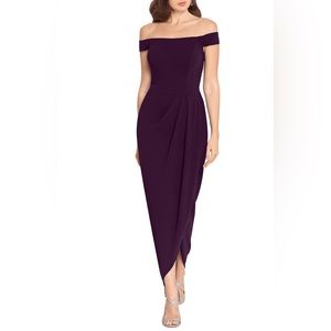 XScape Off the Shoulder Wrap Front Scuba Crepe Gown Plum Mulberry Size 4 EUC